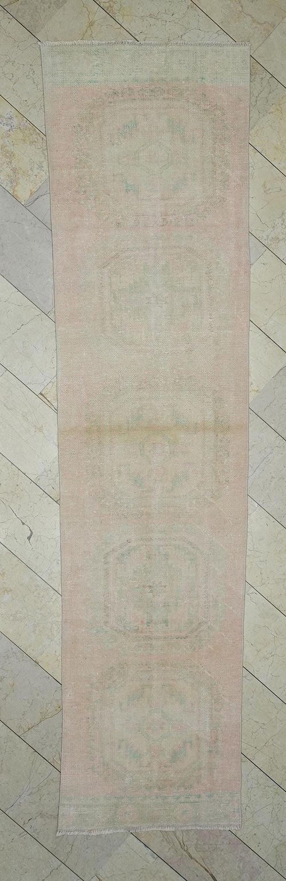 Vintage Low Pile Oushak Rug Runner: 2.9"x11.9" Wool Anatolian Rugs