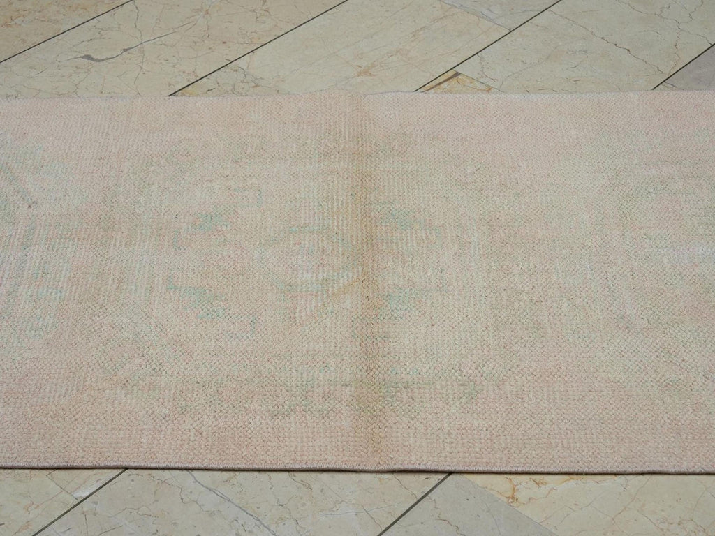 Vintage Low Pile Oushak Rug Runner: 2.9"x11.9" Wool Anatolian Rugs