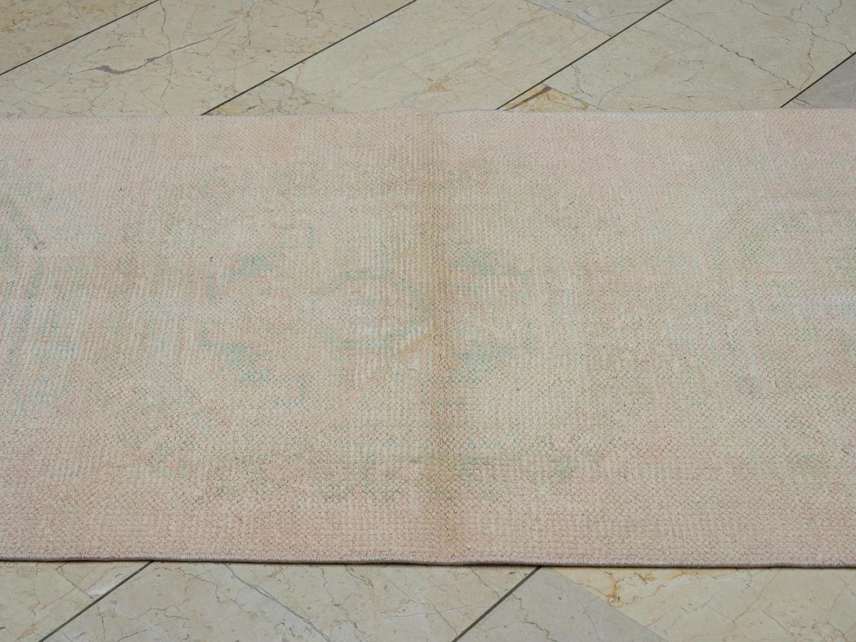 Vintage Low Pile Oushak Rug Runner: 2.9"x11.9" Wool Anatolian Rugs