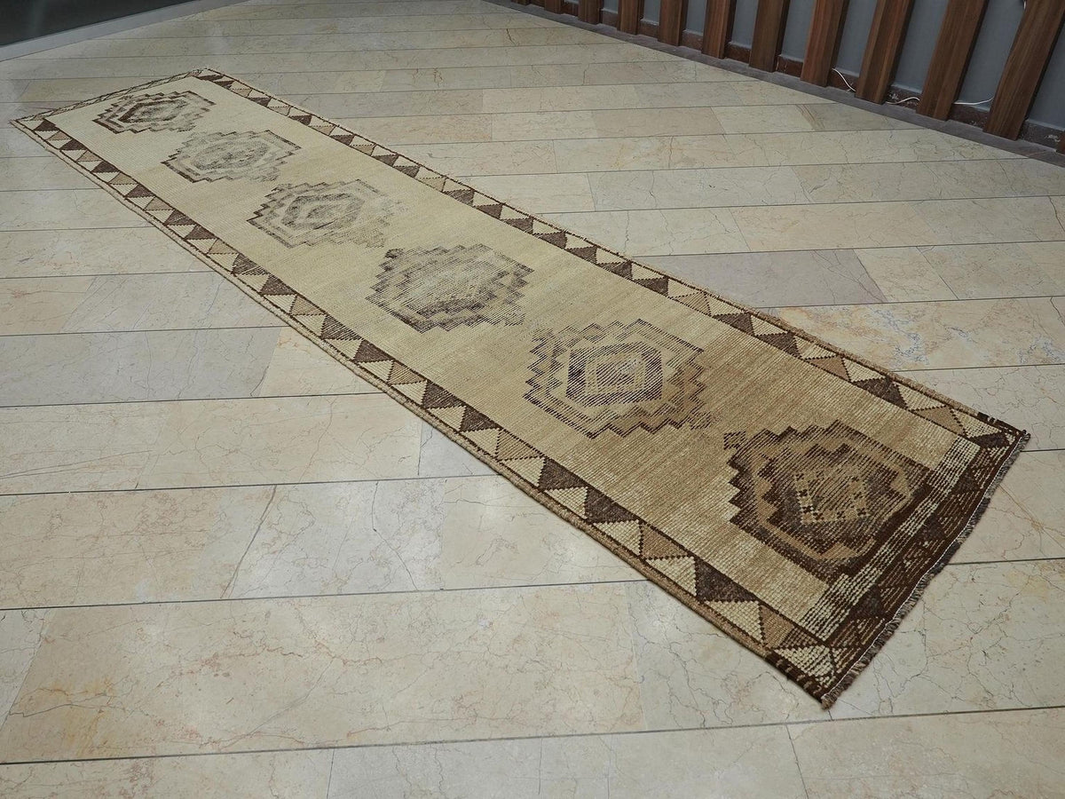 Vintage Turkish Wool Rug Runner: Brown & Cream Bohemian Kitchen Decor Rugs, 3x12.4 ft.