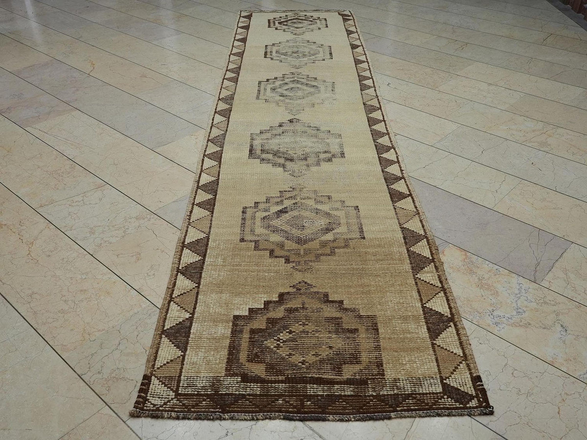 Vintage Turkish Wool Rug Runner: Brown & Cream Bohemian Kitchen Decor Rugs, 3x12.4 ft.