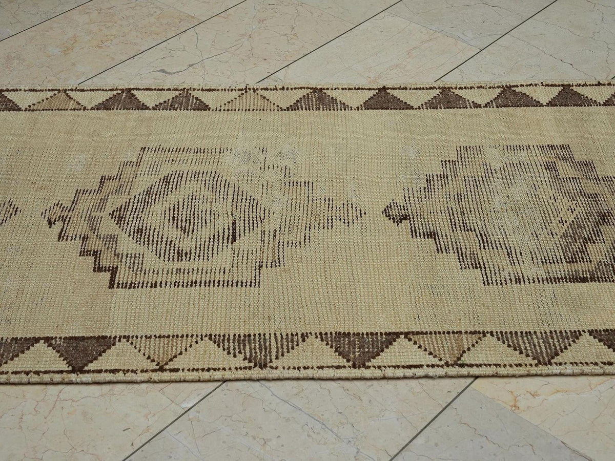 Vintage Turkish Wool Rug Runner: Brown & Cream Bohemian Kitchen Decor Rugs, 3x12.4 ft.