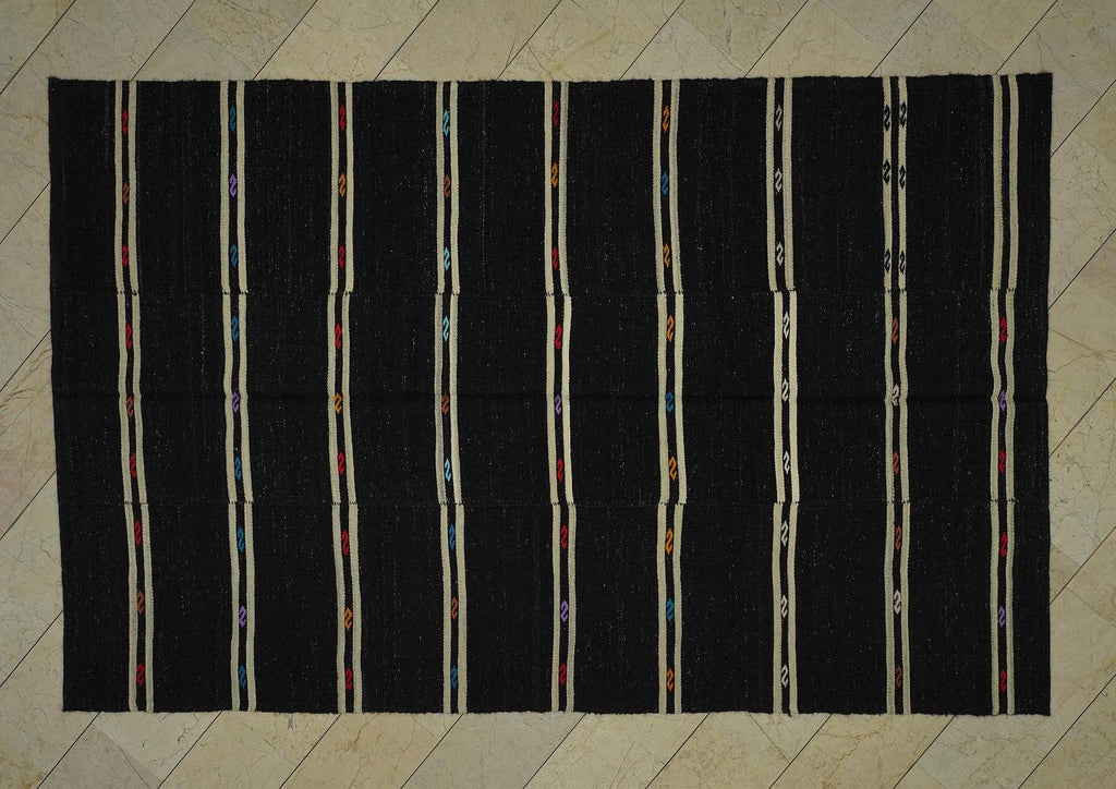 Vintage Goat Hair Kilim Rug: Black and White Stripe, 6.9"x10.6"