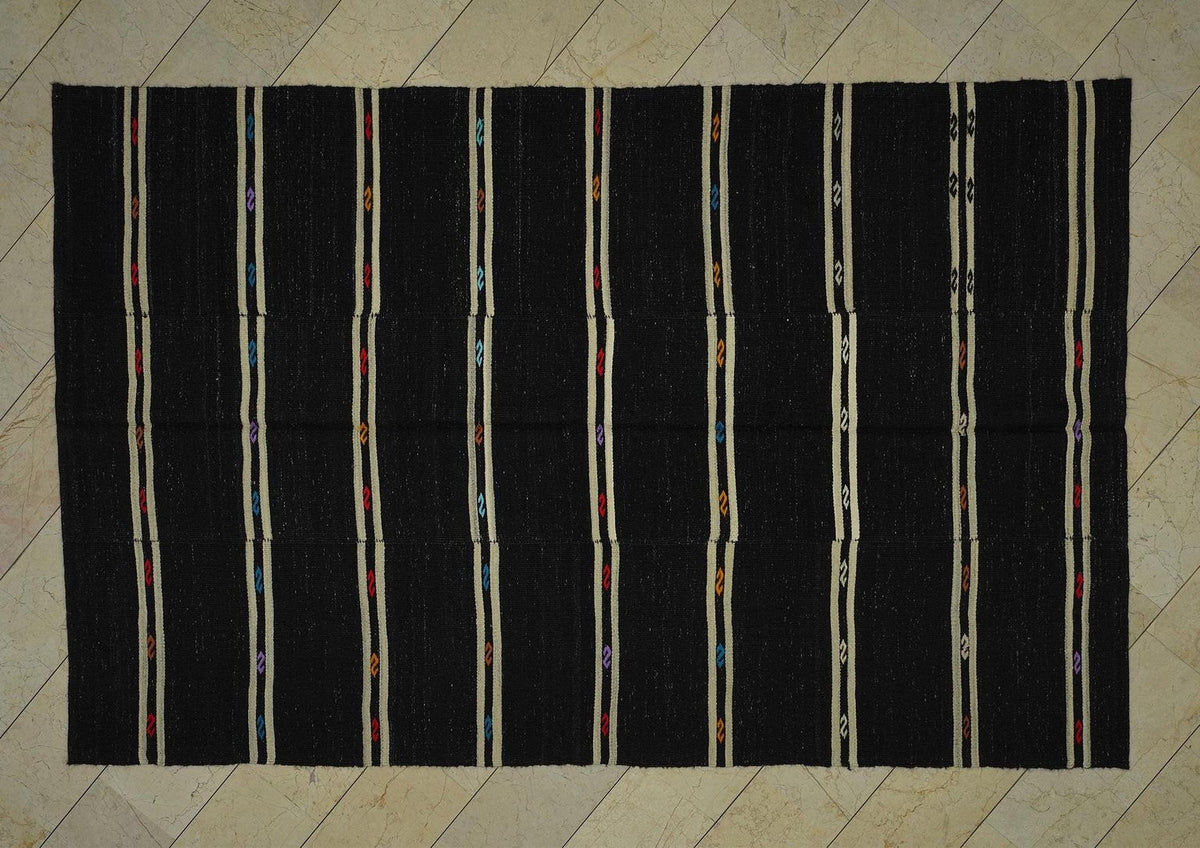 Vintage Goat Hair Kilim Rug: Black and White Stripe, 6.9"x10.6"