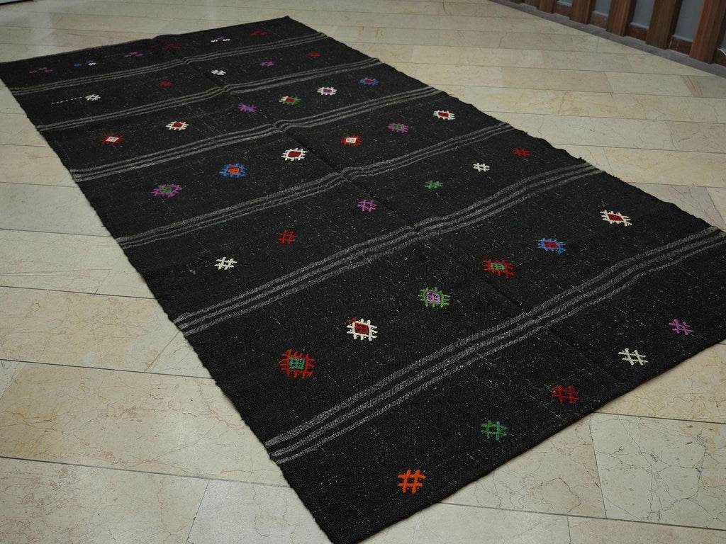 Goat Hair Kilim Rug: Striped Flat Weave, Dark Brown & Gray Rugs,5.5x10.9 ft