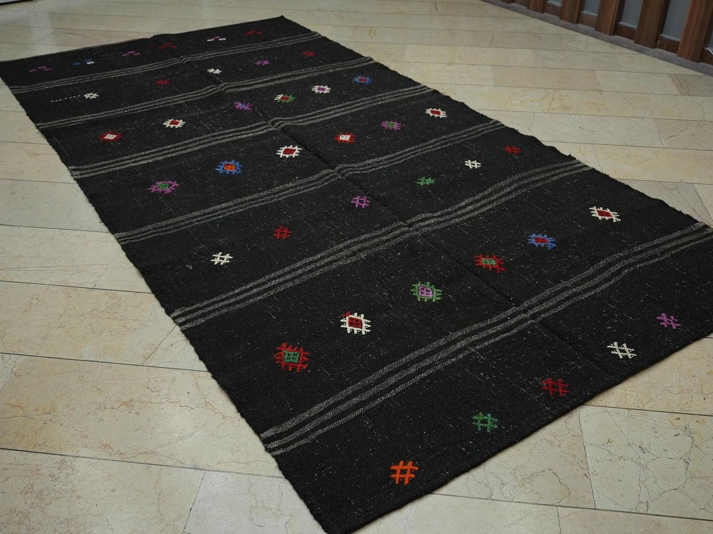Goat Hair Kilim Rug: Striped Flat Weave, Dark Brown & Gray Rugs,5.5x10.9 ft