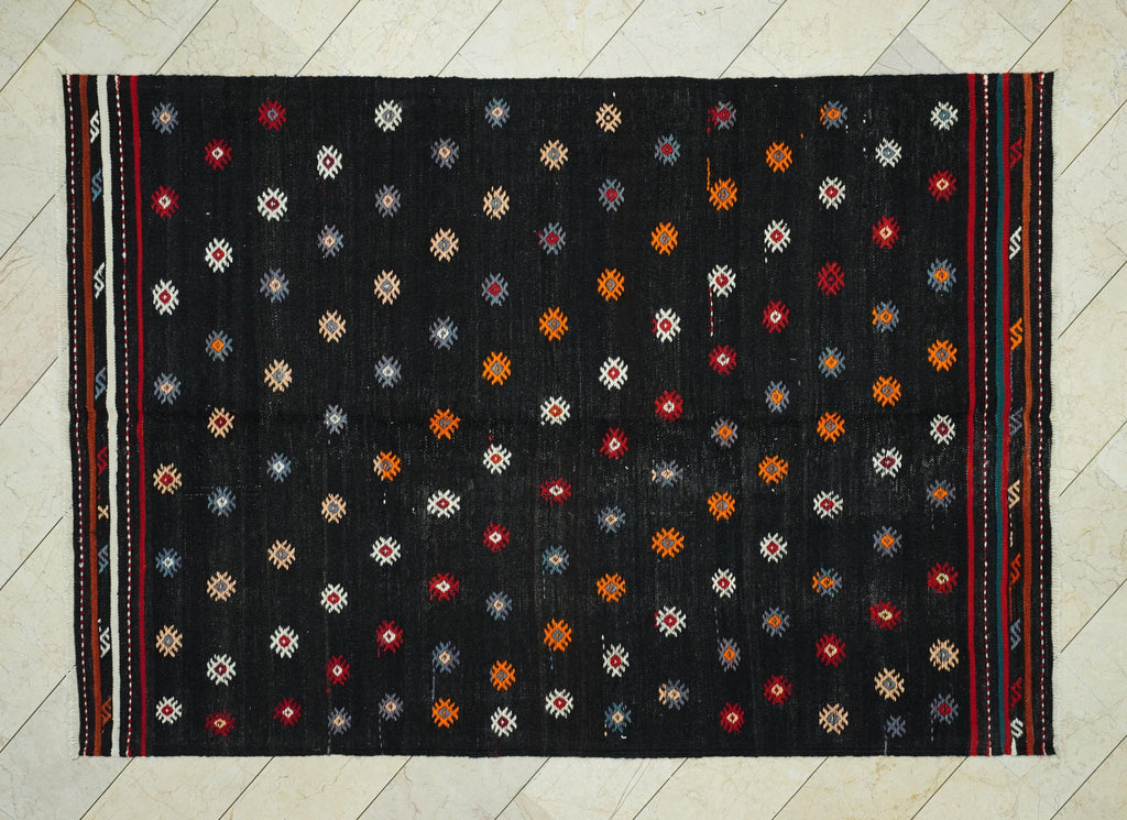 Embroidered Dark Brown Kilim Rug: 6.4"x9.2' Turkish Flat Weave Goat Hair Anatolian Rugs