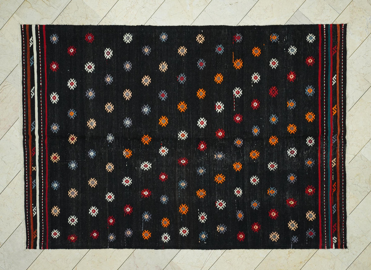 Embroidered Dark Brown Kilim Rug: 6.4"x9.2' Turkish Flat Weave Goat Hair Anatolian Rugs