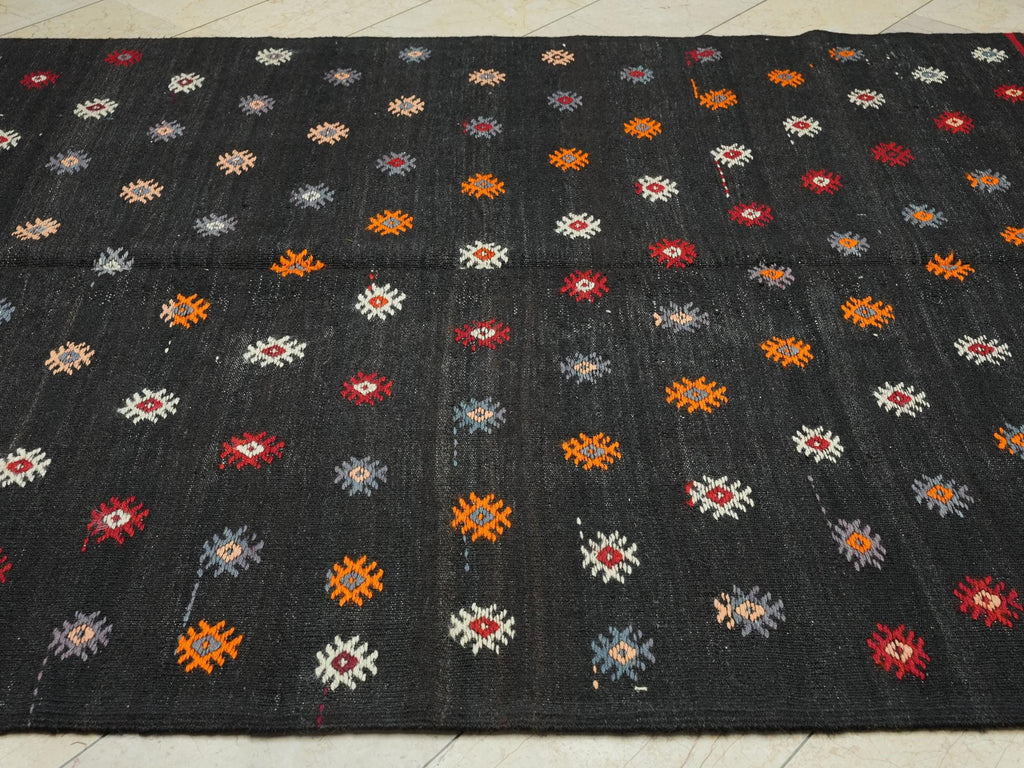 Embroidered Dark Brown Kilim Rug: 6.4"x9.2' Turkish Flat Weave Goat Hair Anatolian Rugs