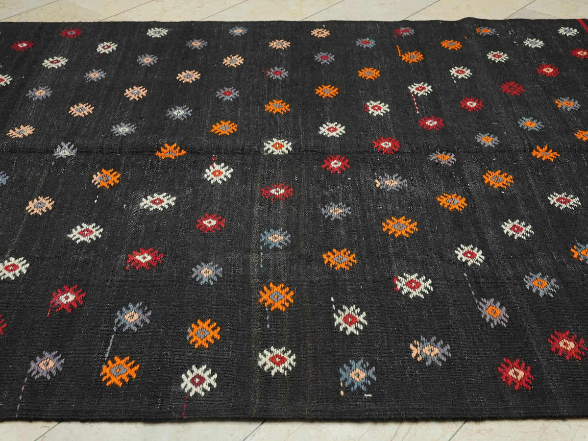 Embroidered Dark Brown Kilim Rug: 6.4"x9.2' Turkish Flat Weave Goat Hair Anatolian Rugs
