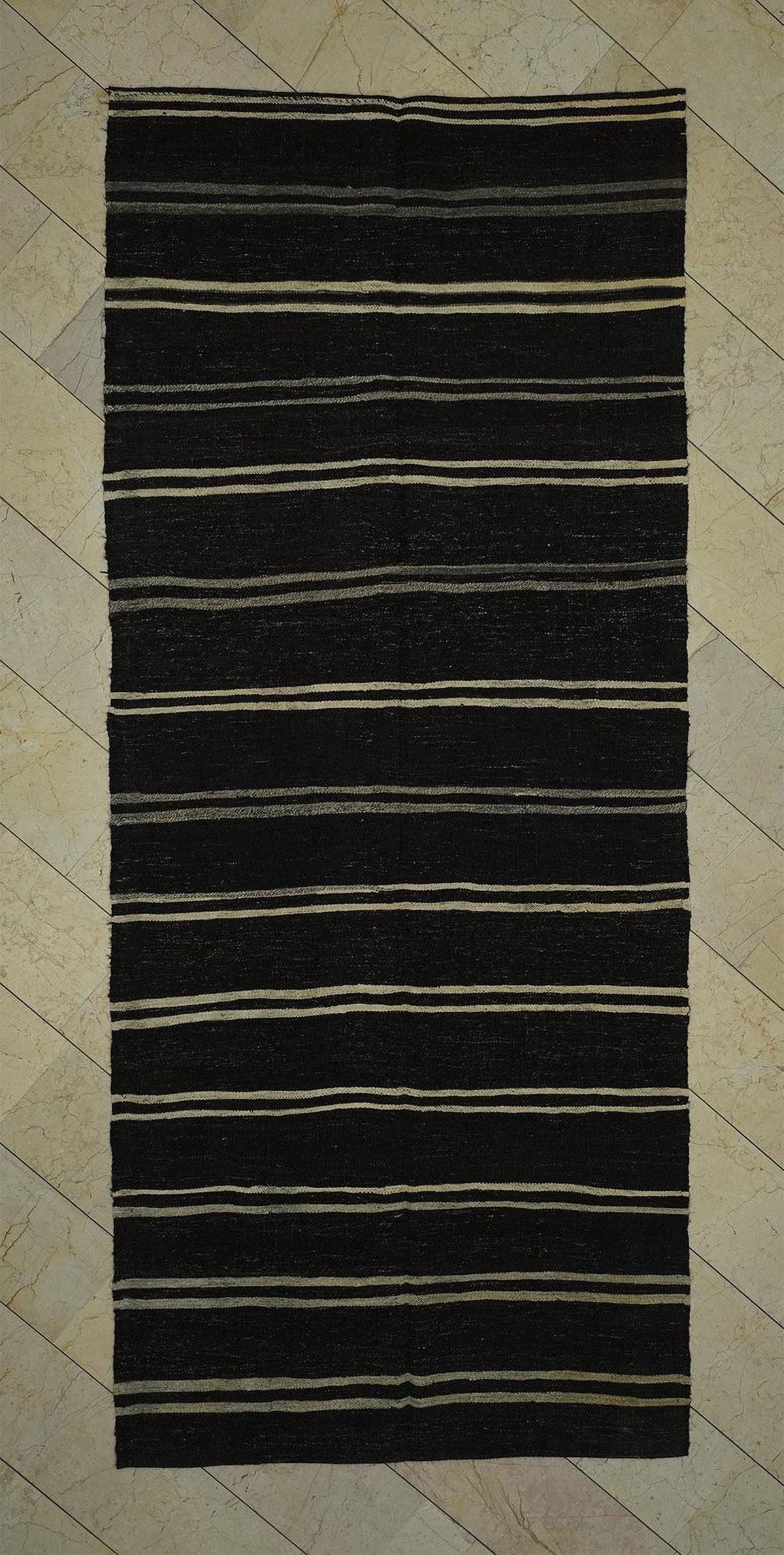 Vintage Turkish Goat Hair Kilim Rug: Mid-Century Modern Stripe Rugs (4,7"x11,1" Feet)