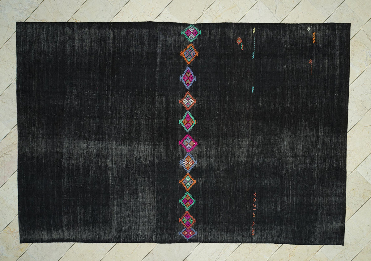 Dark Brown Goat Hair Rug,7.1x10.6 Ft, Natural Vintage Turkish Kilim Rugs