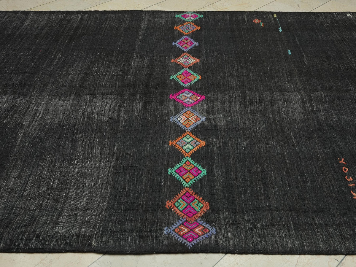 Dark Brown Goat Hair Rug,7.1x10.6 Ft, Natural Vintage Turkish Kilim Rugs