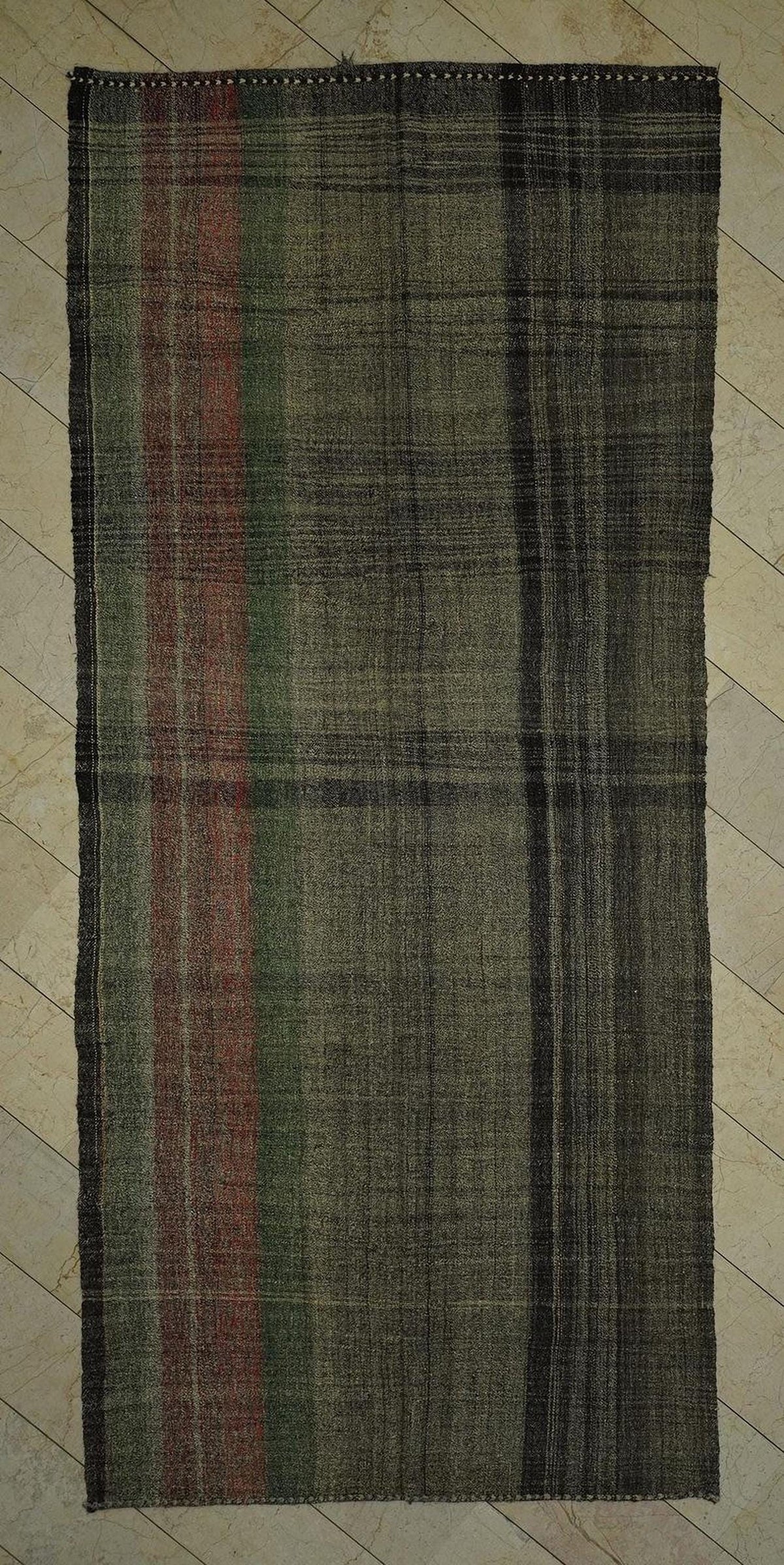 Long Goat Hair Kilim Rug: 5.6x12.8 ft, Gray Turkish Flat Woven Rugs