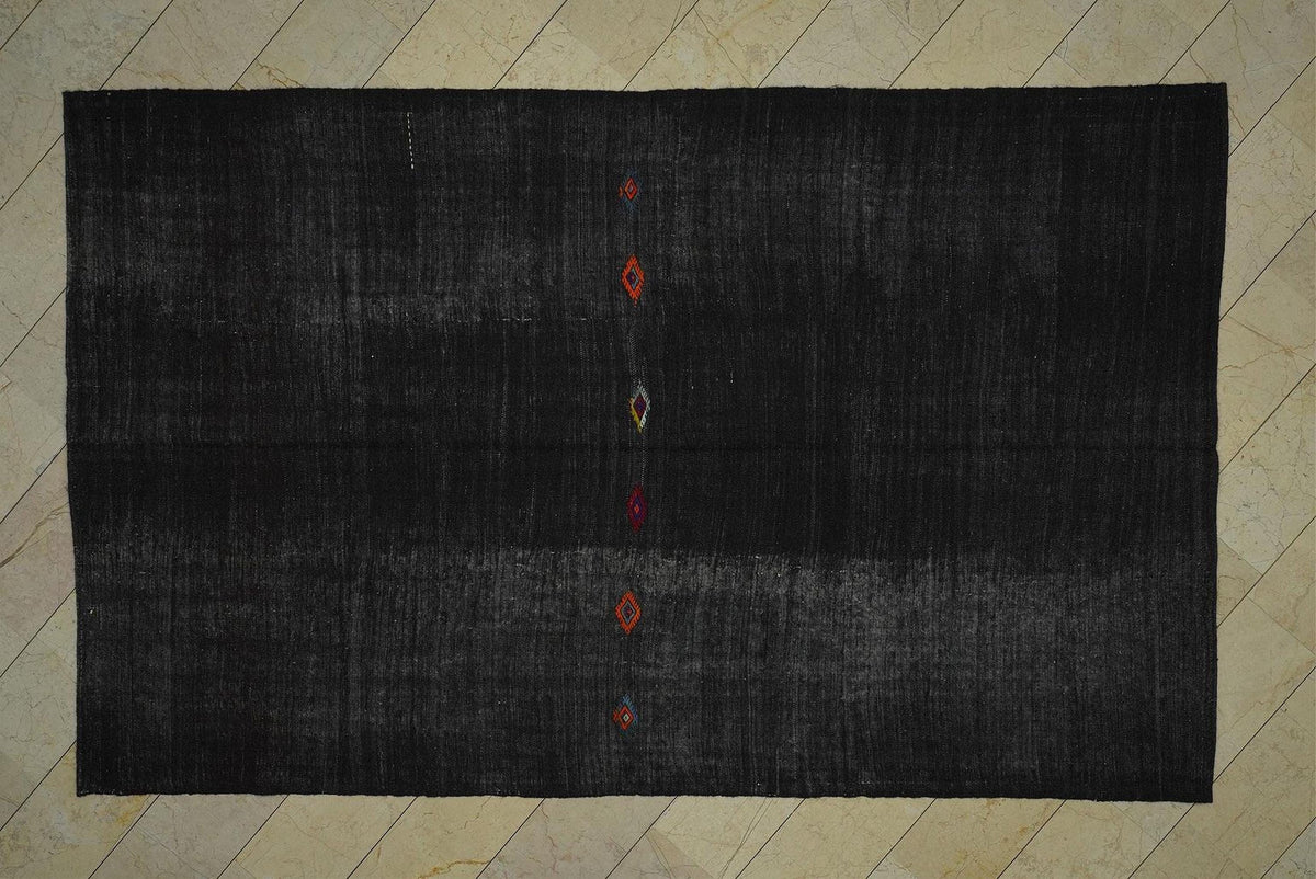 Mid Century Modern Black Goat Hair Kilim Rug: 7x11 ft, Turkish Woven Rugs