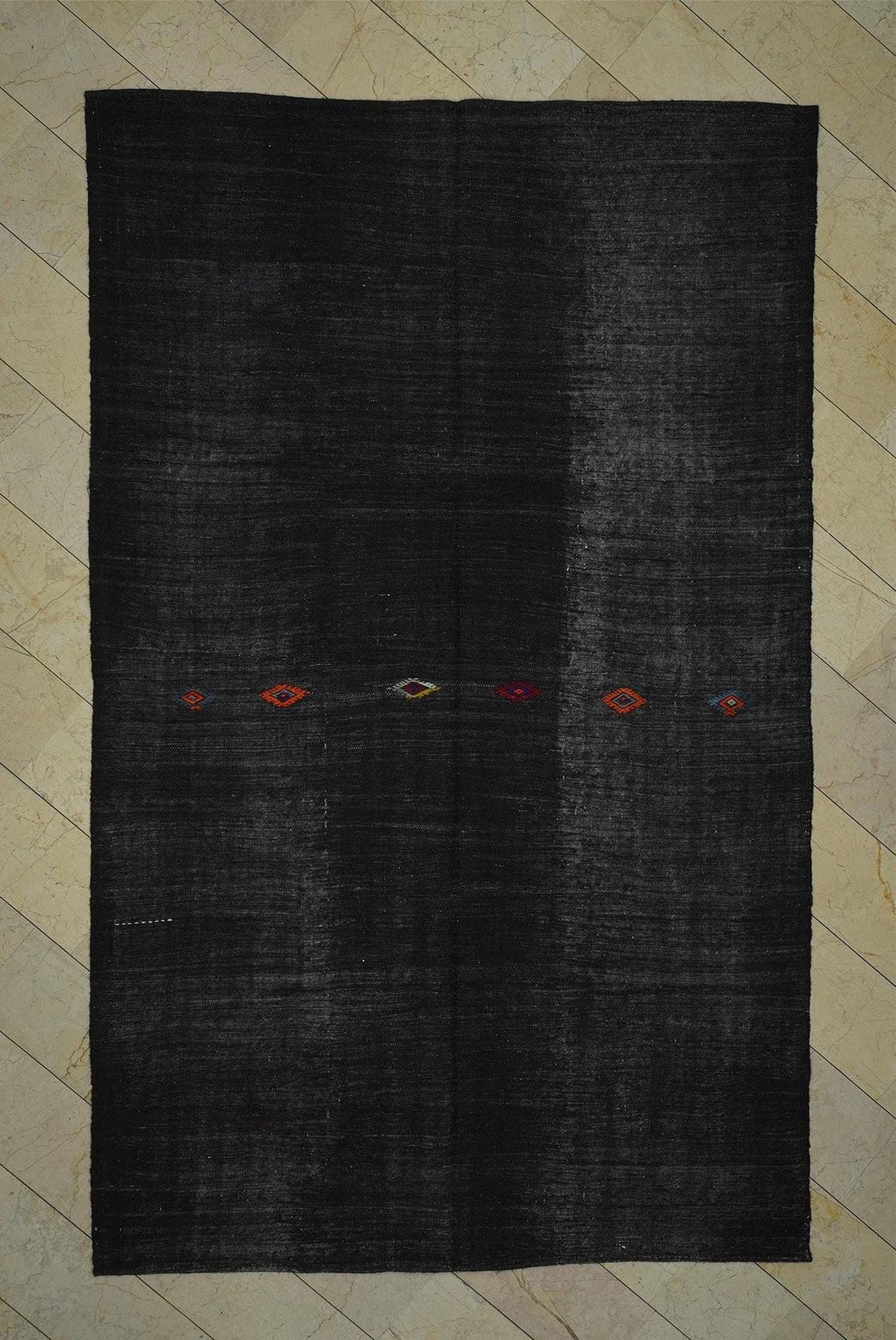 Mid Century Modern Black Goat Hair Kilim Rug: 7x11 ft, Turkish Woven Rugs