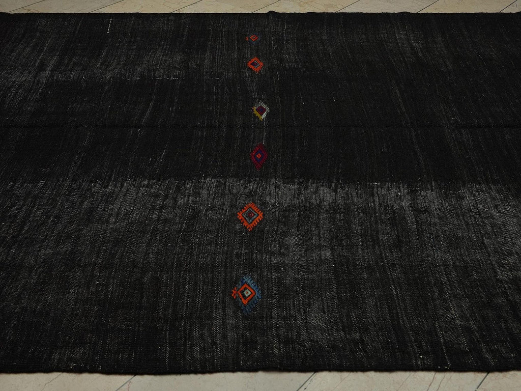 Mid Century Modern Black Goat Hair Kilim Rug: 7x11 ft, Turkish Woven Rugs