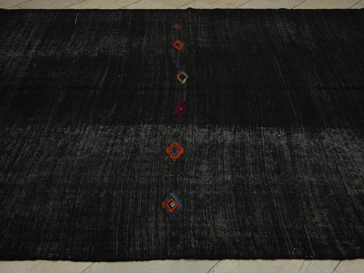 Mid Century Modern Black Goat Hair Kilim Rug: 7x11 ft, Turkish Woven Rugs
