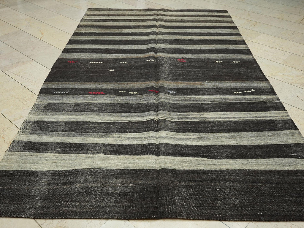 Vintage Turkish Kilim Rug: Brown Gray Stripe, Goat Wool Flat Weave Rugs, 6x11 Ft.
