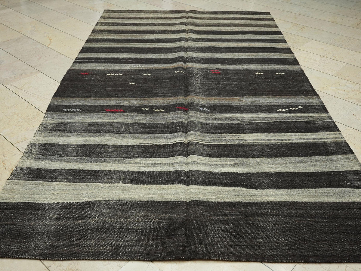 Vintage Turkish Kilim Rug: Brown Gray Stripe, Goat Wool Flat Weave Rugs, 6x11 Ft.
