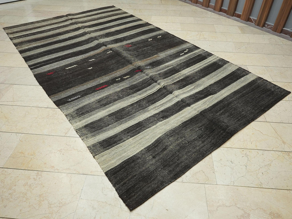 Vintage Turkish Kilim Rug: Brown Gray Stripe, Goat Wool Flat Weave Rugs, 6x11 Ft.