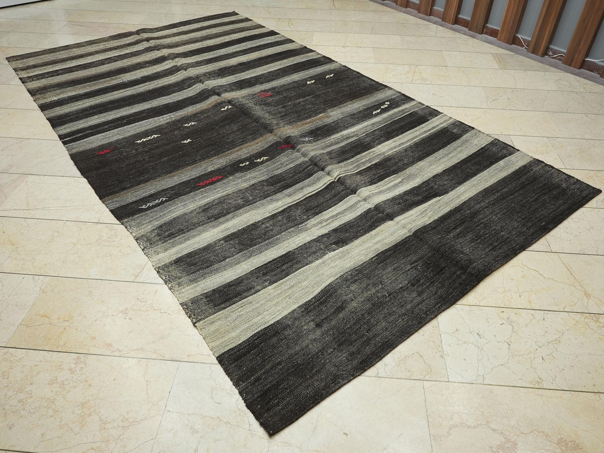 Vintage Turkish Kilim Rug: Brown Gray Stripe, Goat Wool Flat Weave Rugs, 6x11 Ft.
