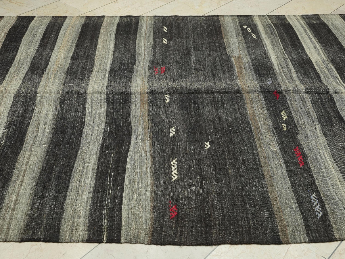 Vintage Turkish Kilim Rug: Brown Gray Stripe, Goat Wool Flat Weave Rugs, 6x11 Ft.
