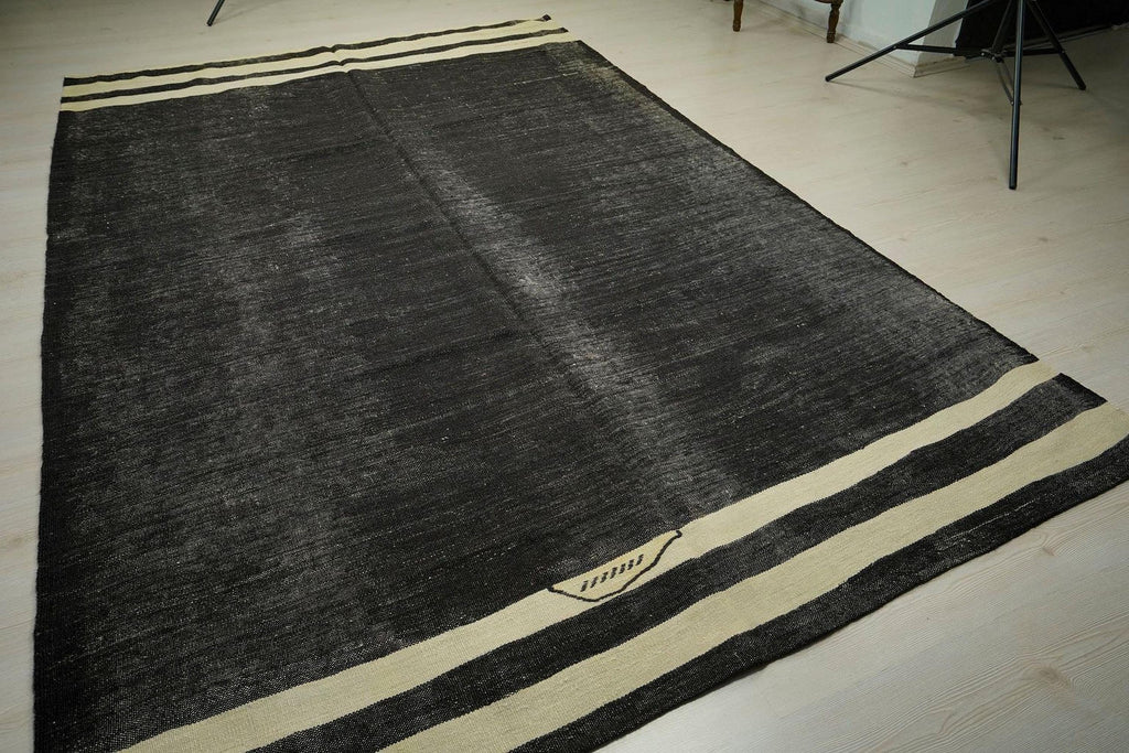 Vintage Brown Kilim Rug: 7.2"x11' Anatolian Goat Hair Rugs