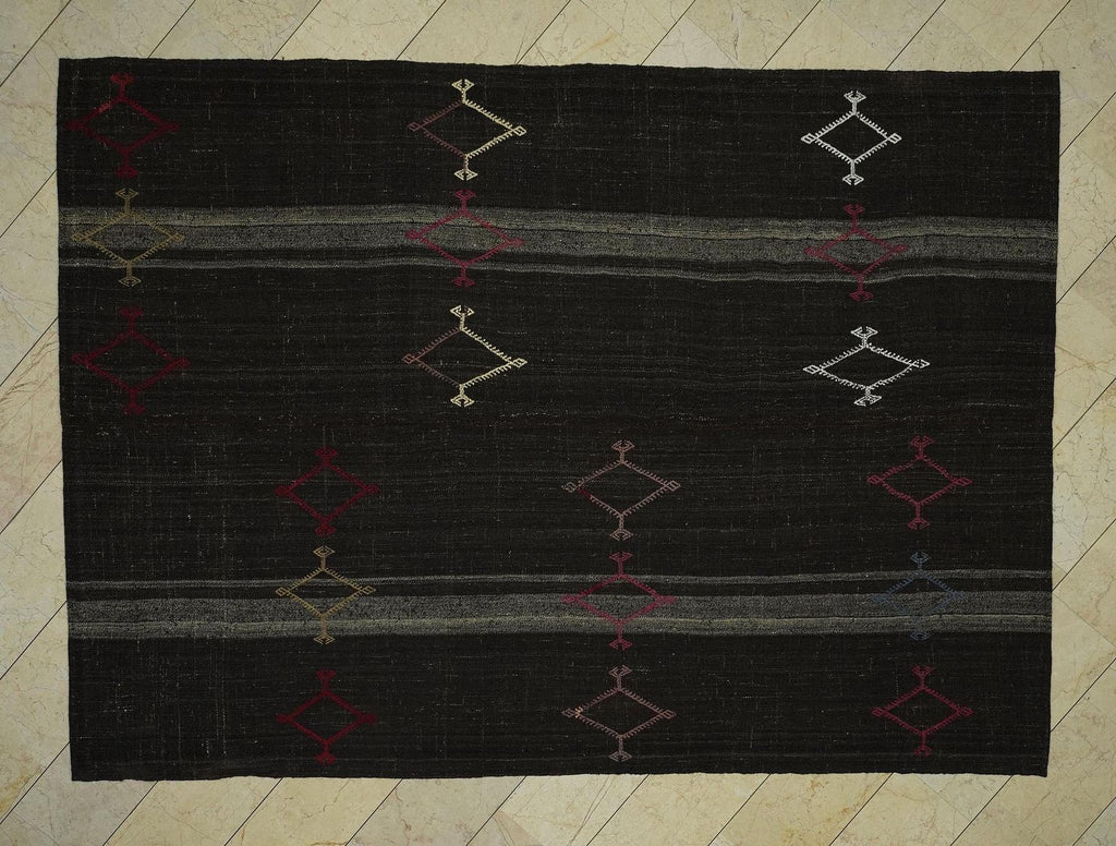 Dark Brown Goat Hair Flat Woven Turkish Nomadic Rug,7.7x10.6 Ft Stripe Kilim Rugs