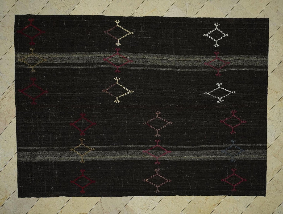 Dark Brown Goat Hair Flat Woven Turkish Nomadic Rug,7.7x10.6 Ft Stripe Kilim Rugs