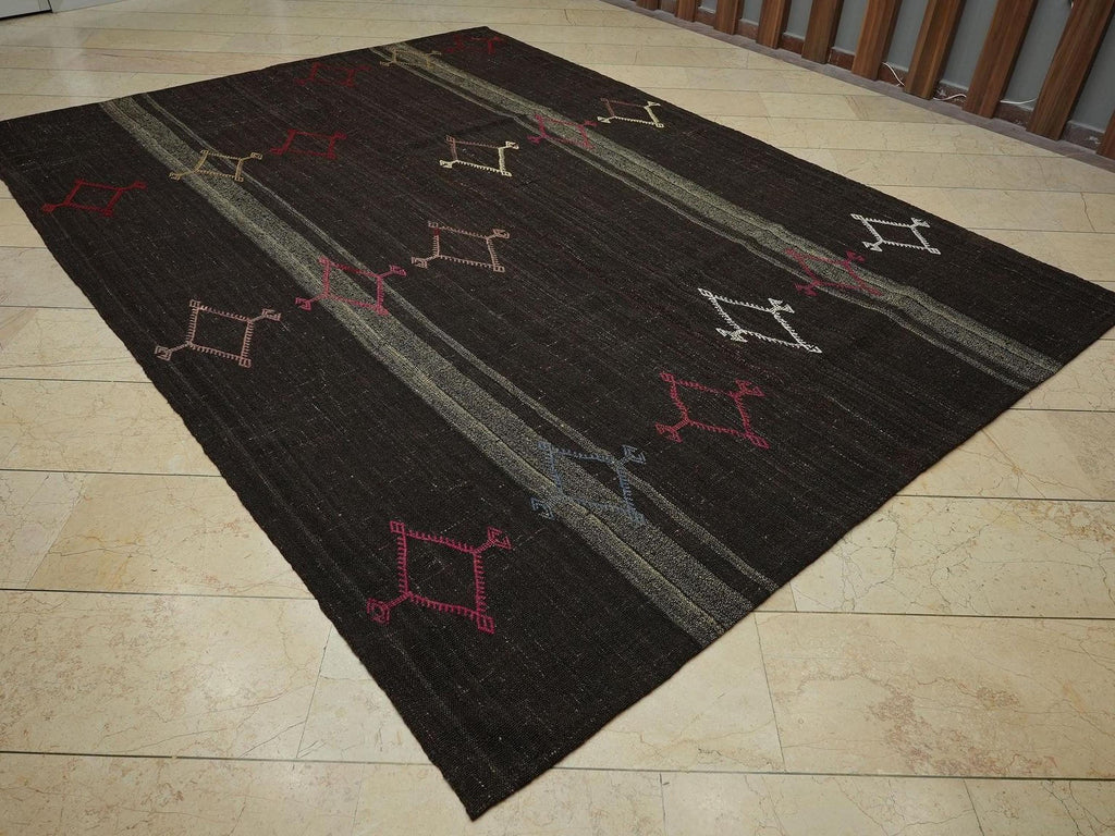 Dark Brown Goat Hair Flat Woven Turkish Nomadic Rug,7.7x10.6 Ft Stripe Kilim Rugs