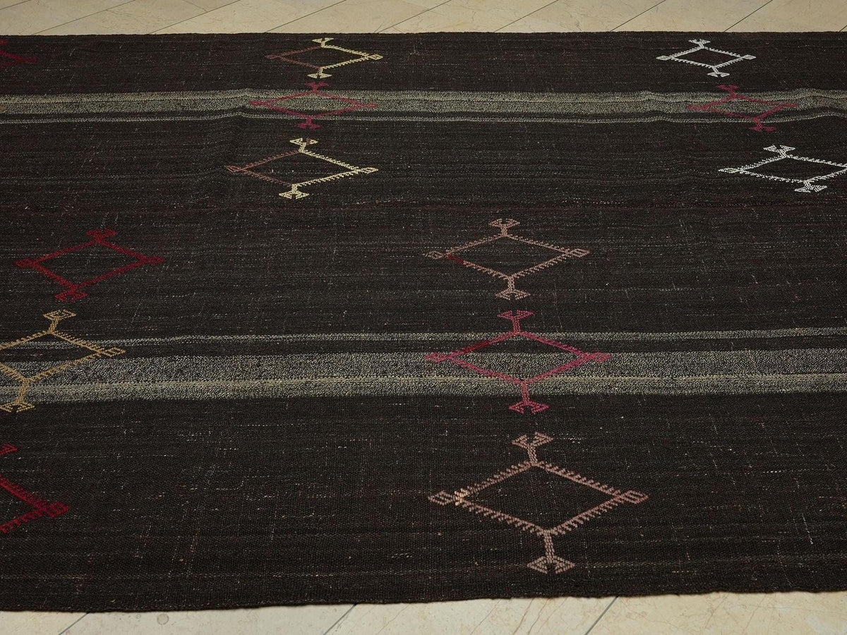 Dark Brown Goat Hair Flat Woven Turkish Nomadic Rug,7.7x10.6 Ft Stripe Kilim Rugs