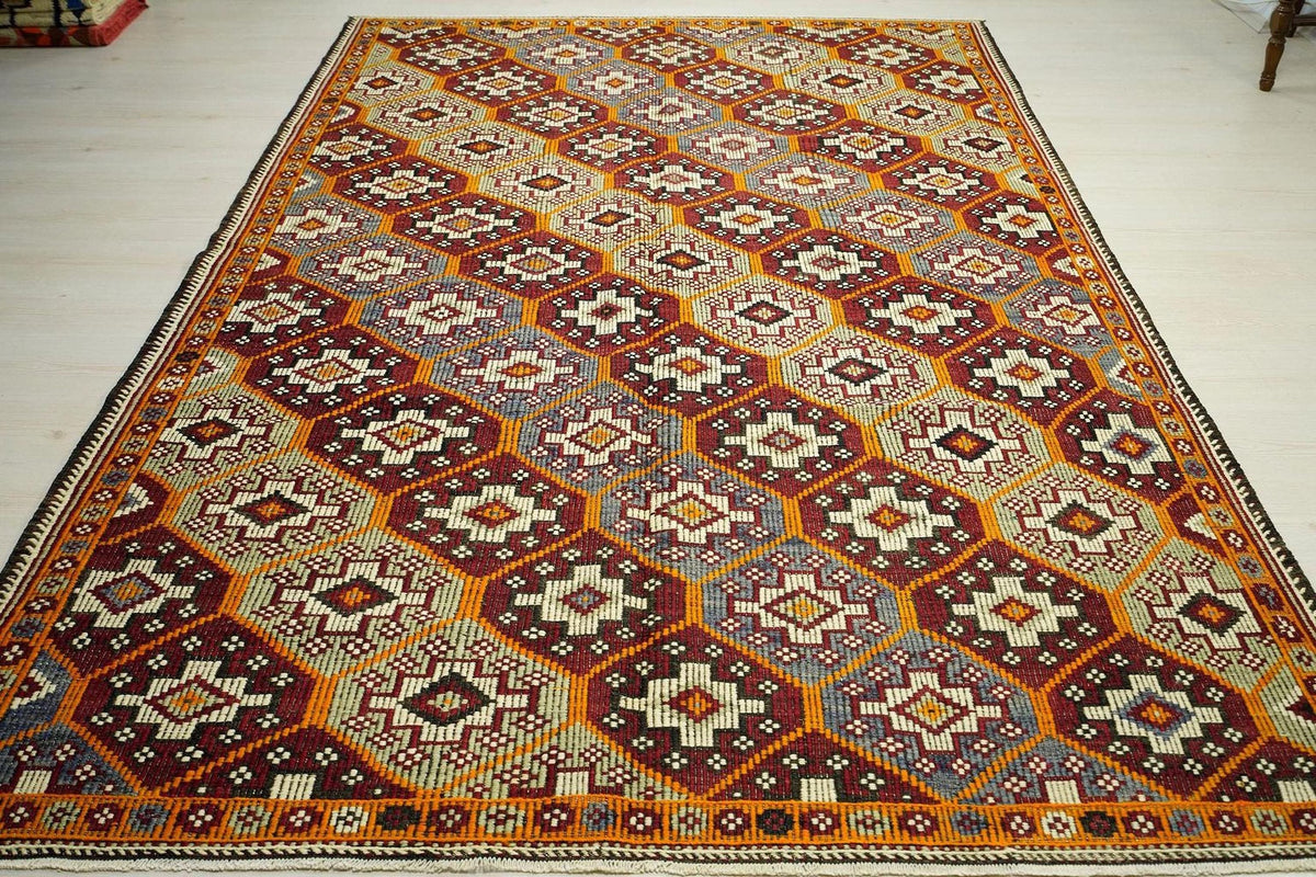 Embroidered Goat Wool Kilim Rug: Mid-Century Modern Rugs. 6.6x9.9 ft.