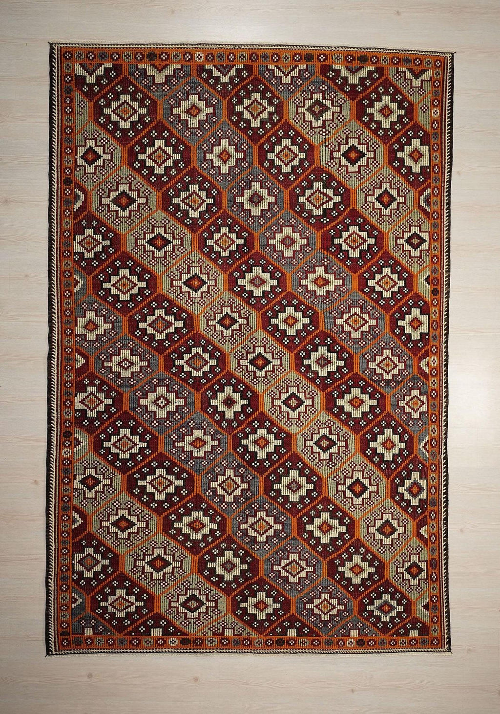 Embroidered Goat Wool Kilim Rug: Mid-Century Modern Rugs. 6.6x9.9 ft.