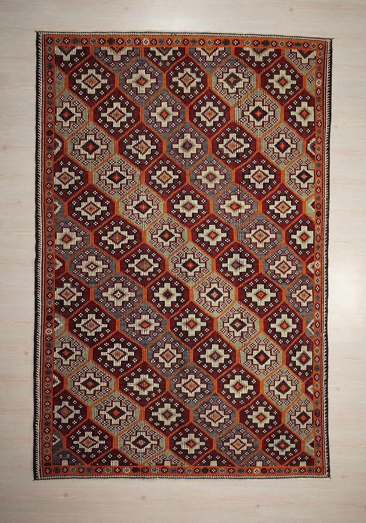 Embroidered Goat Wool Kilim Rug: Mid-Century Modern Rugs. 6.6x9.9 ft.