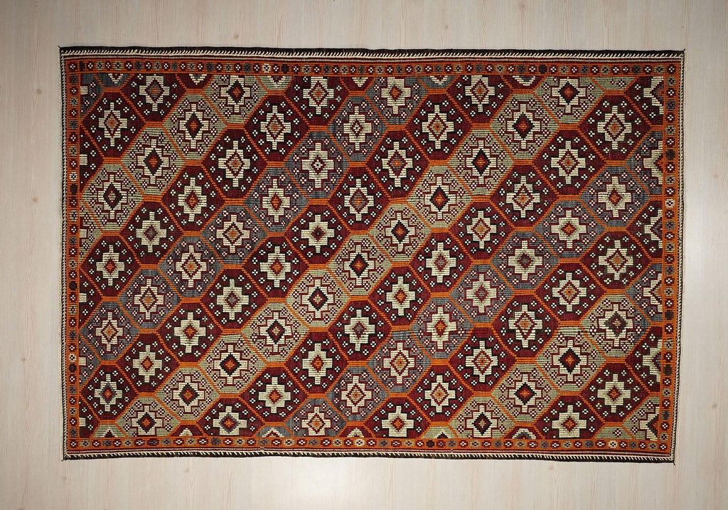 Embroidered Goat Wool Kilim Rug: Mid-Century Modern Rugs. 6.6x9.9 ft.