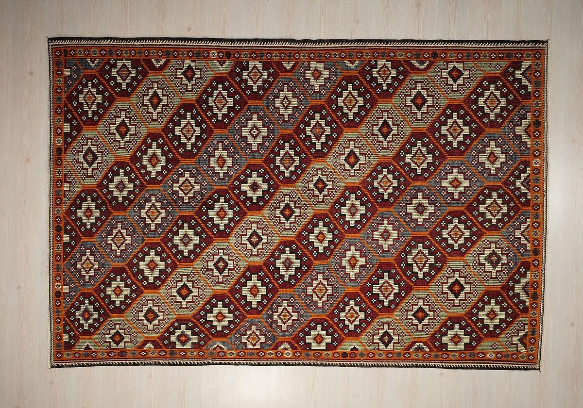 Embroidered Goat Wool Kilim Rug: Mid-Century Modern Rugs. 6.6x9.9 ft.
