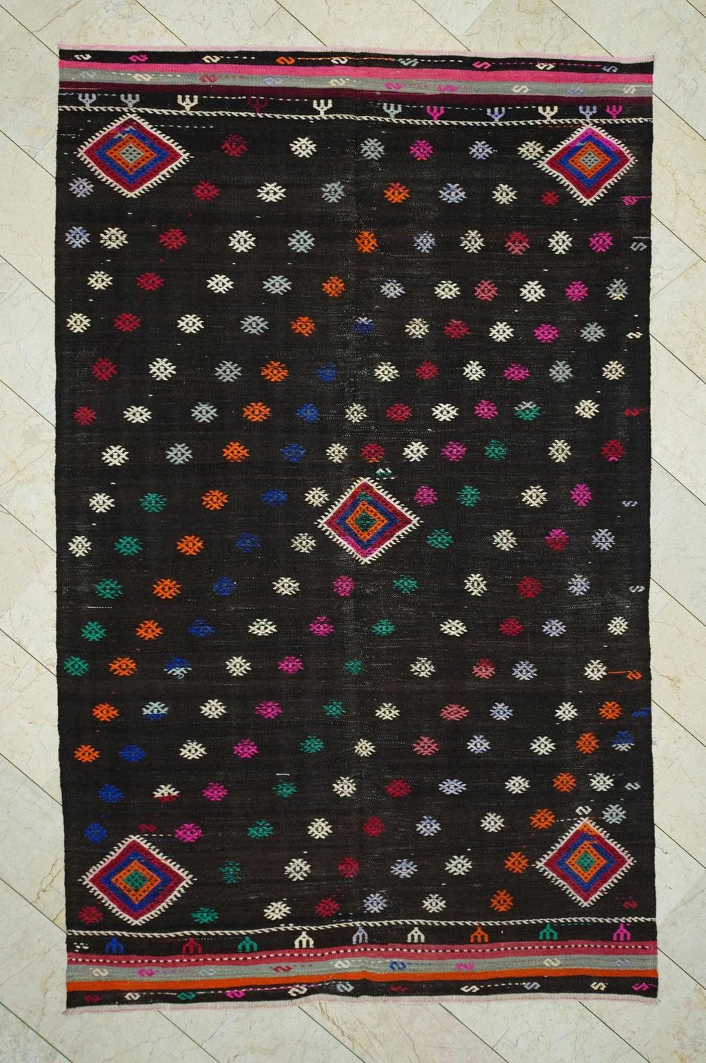 Dark Brown Turkish Kilim Rug: Goat Hair Wool, Mid-Century Modern Rugs. 6,4x10,1 Feet.