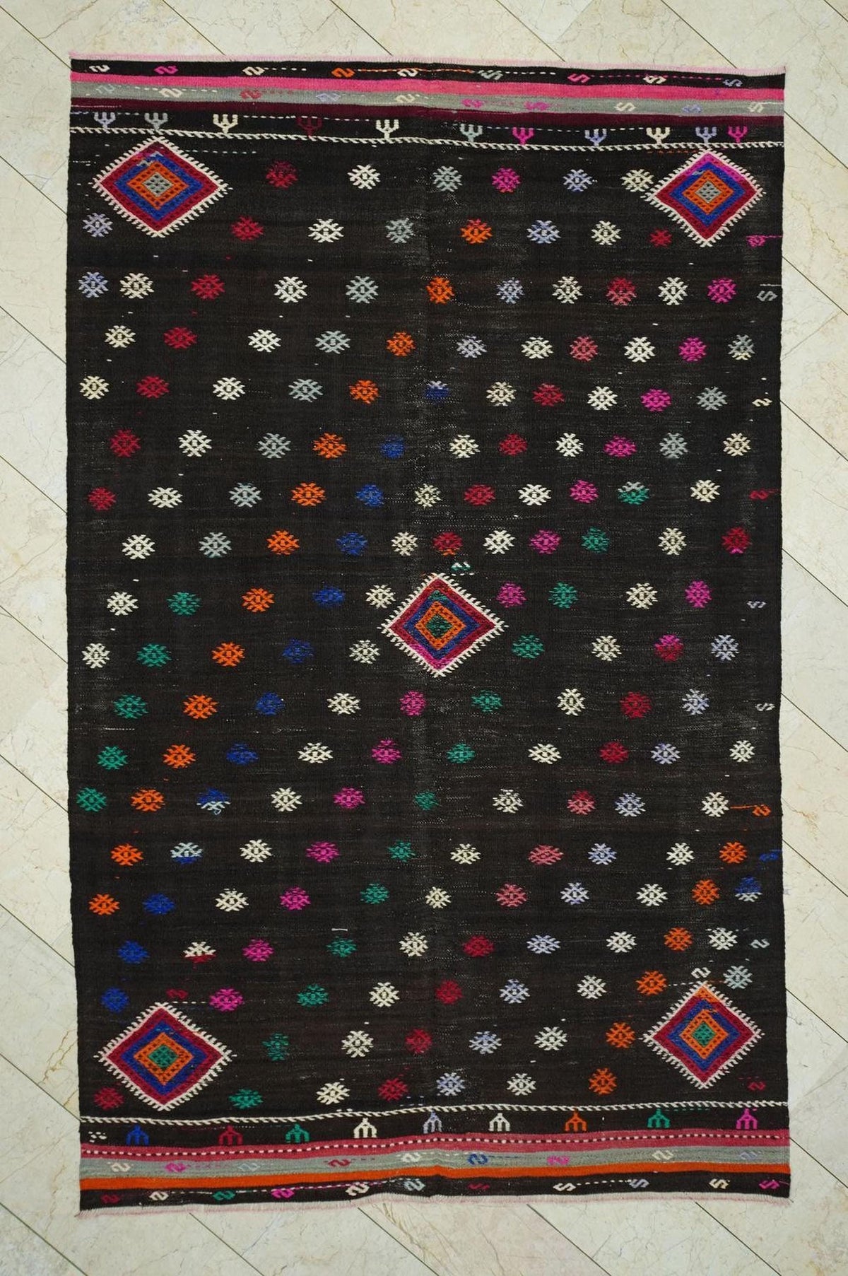 Dark Brown Turkish Kilim Rug: Goat Hair Wool, Mid-Century Modern Rugs. 6,4x10,1 Feet.