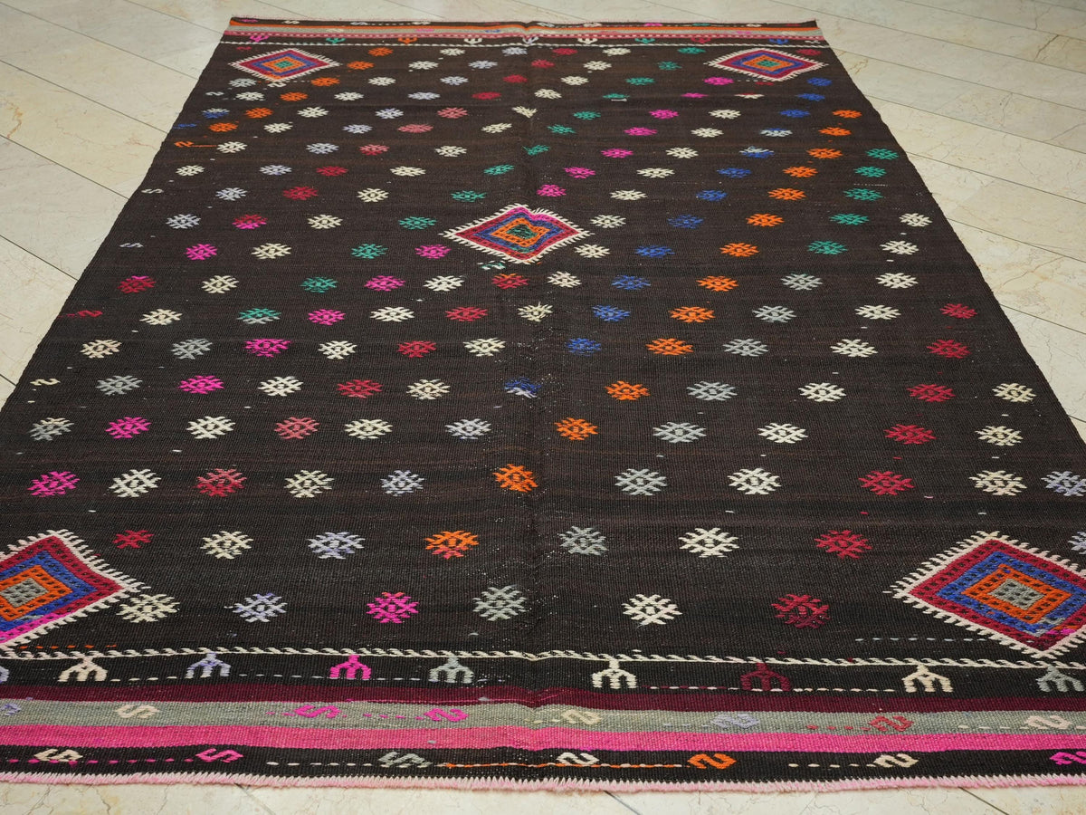 Dark Brown Turkish Kilim Rug: Goat Hair Wool, Mid-Century Modern Rugs. 6,4x10,1 Feet.