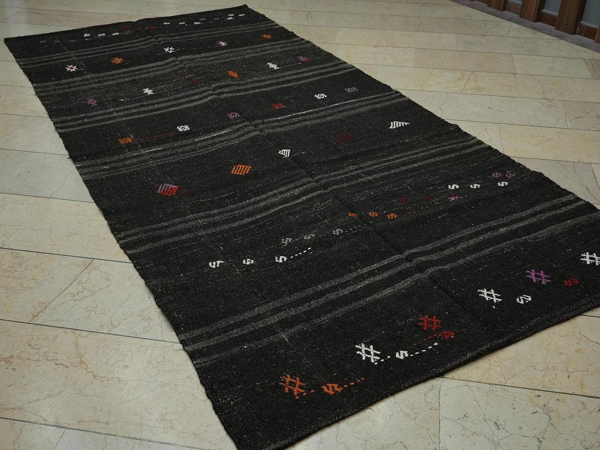 Goat Hair Rug Flat-Weave Kilim ,4.9x10.3 Ft,Striped Design Nomadic Rugs