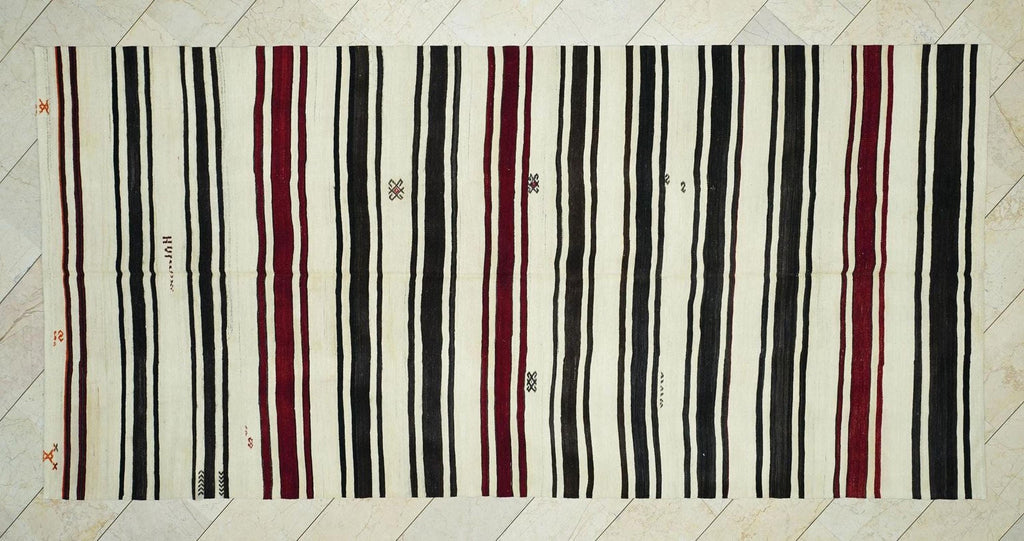 Vintage Striped Kilim Rug: Turkish Flat Weave, Mid-Century Modern Natural Rugs, 6x12 ft.
