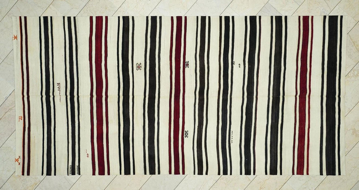 Vintage Striped Kilim Rug: Turkish Flat Weave, Mid-Century Modern Natural Rugs, 6x12 ft.