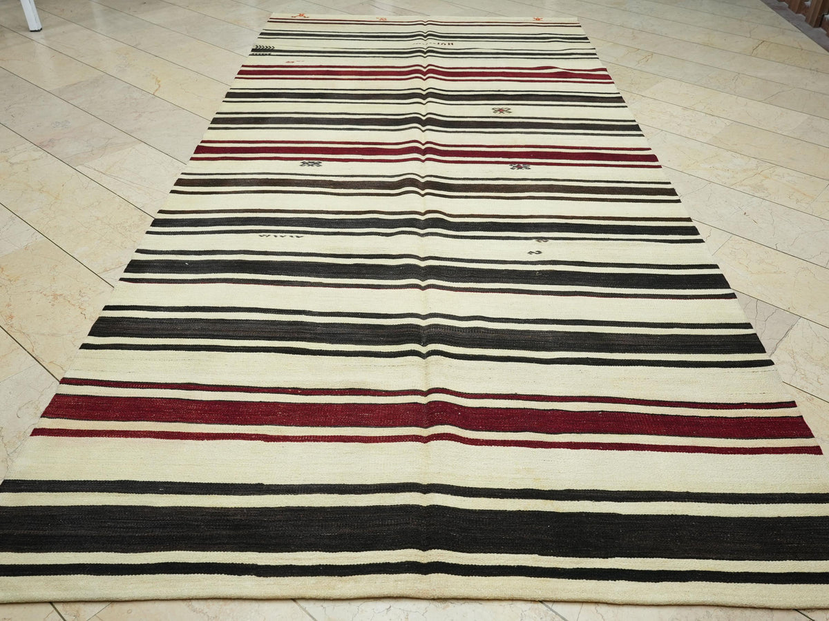 Vintage Striped Kilim Rug: Turkish Flat Weave, Mid-Century Modern Natural Rugs, 6x12 ft.