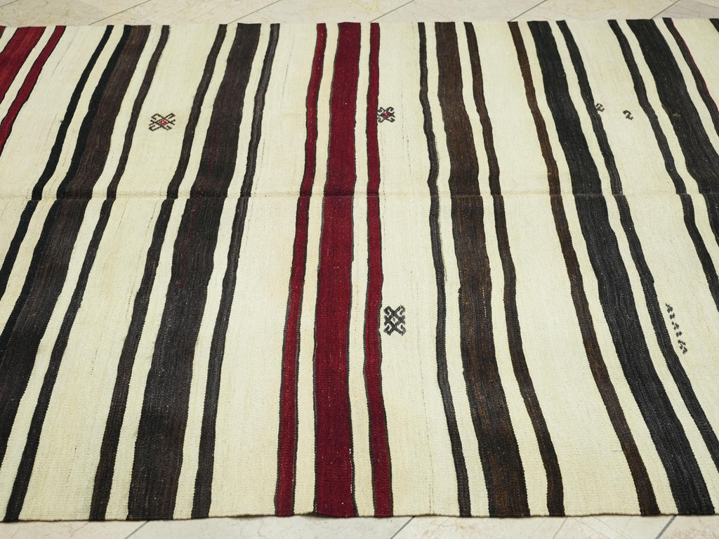 Vintage Striped Kilim Rug: Turkish Flat Weave, Mid-Century Modern Natural Rugs, 6x12 ft.