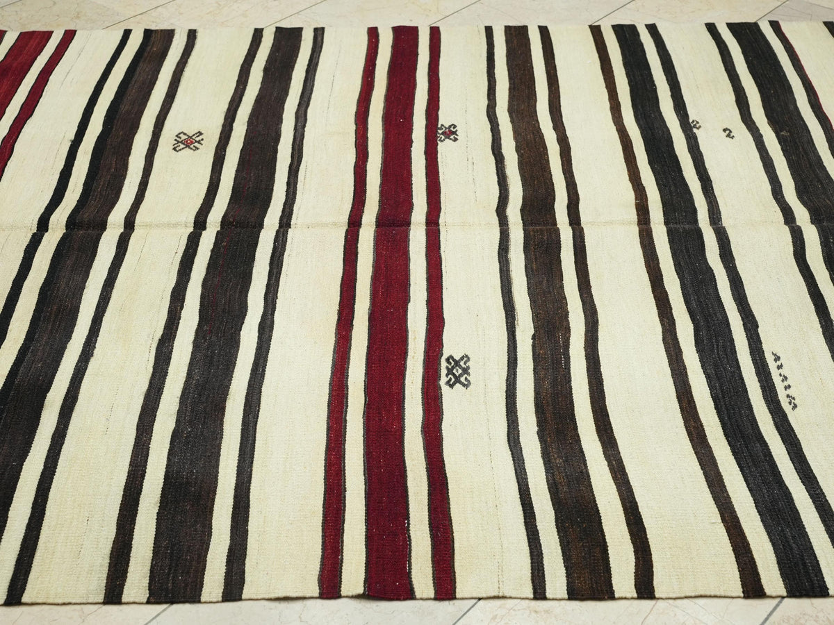 Vintage Striped Kilim Rug: Turkish Flat Weave, Mid-Century Modern Natural Rugs, 6x12 ft.