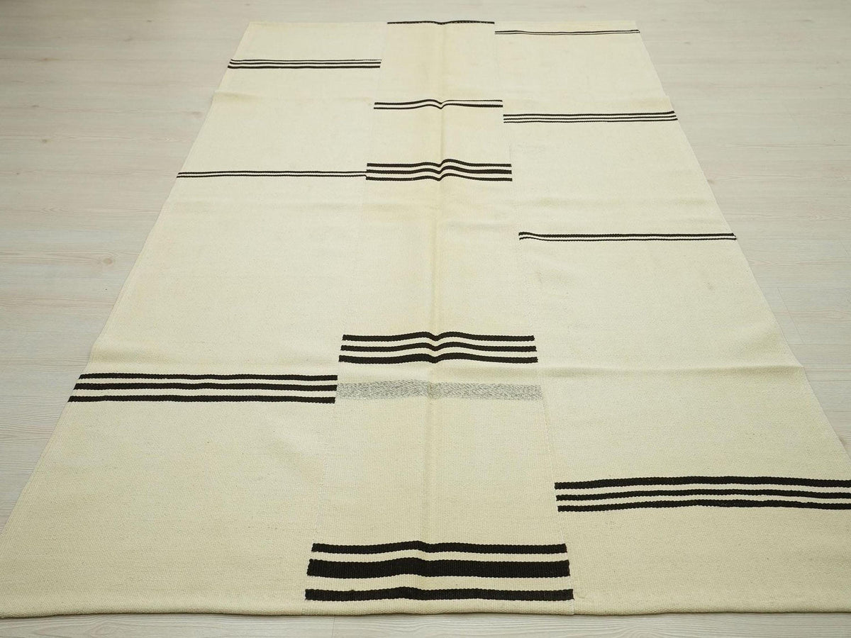 5x8 Minimalist Home Style Wool Kilim Rug:  Broken Stripe Turkish Flat Woven Modern Rugs.