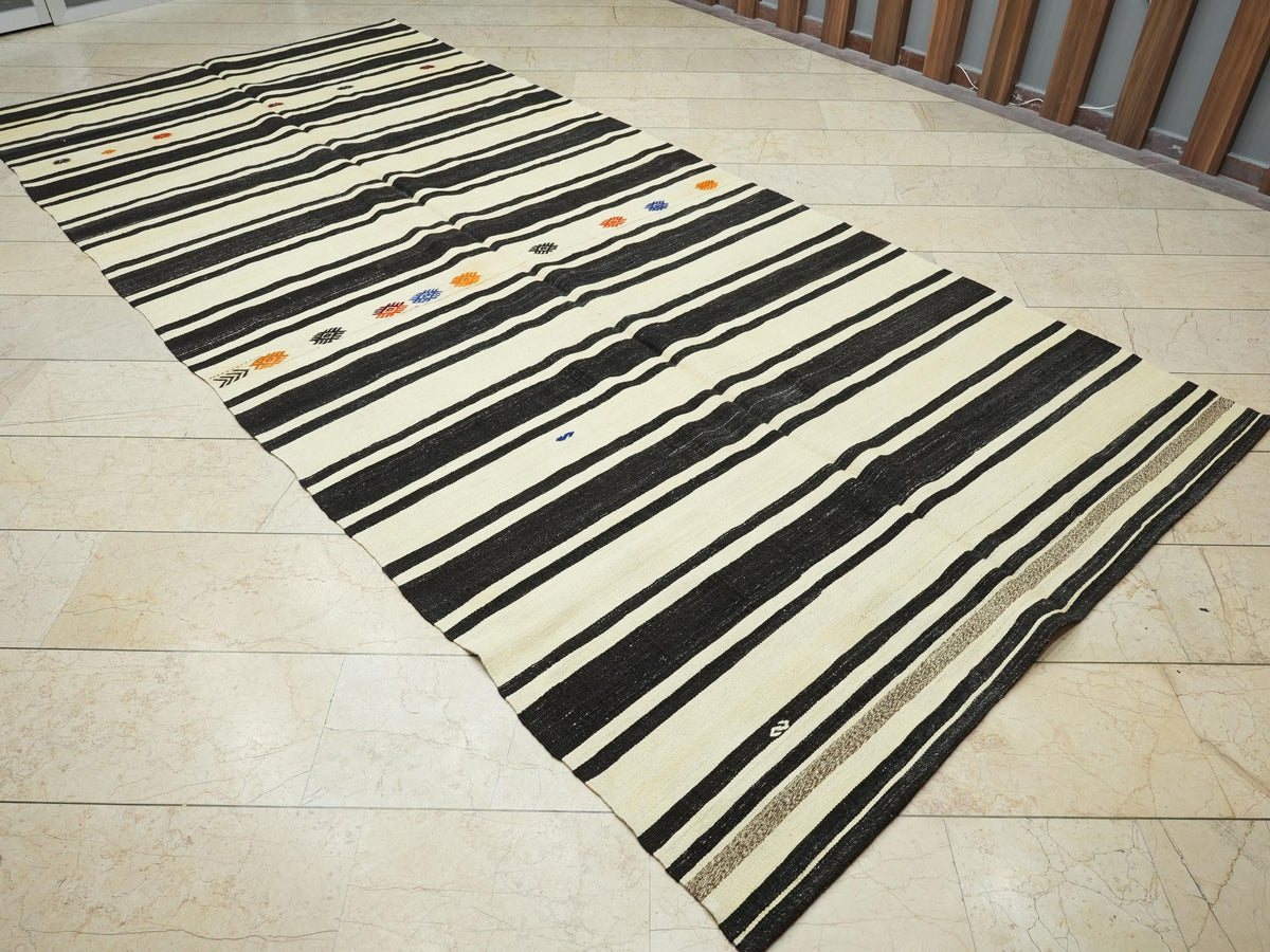 Mid Century Modern Kilim Rug: Dark Brown and Cream Stripe Turkish Rugs, 6x13,3 Feet.