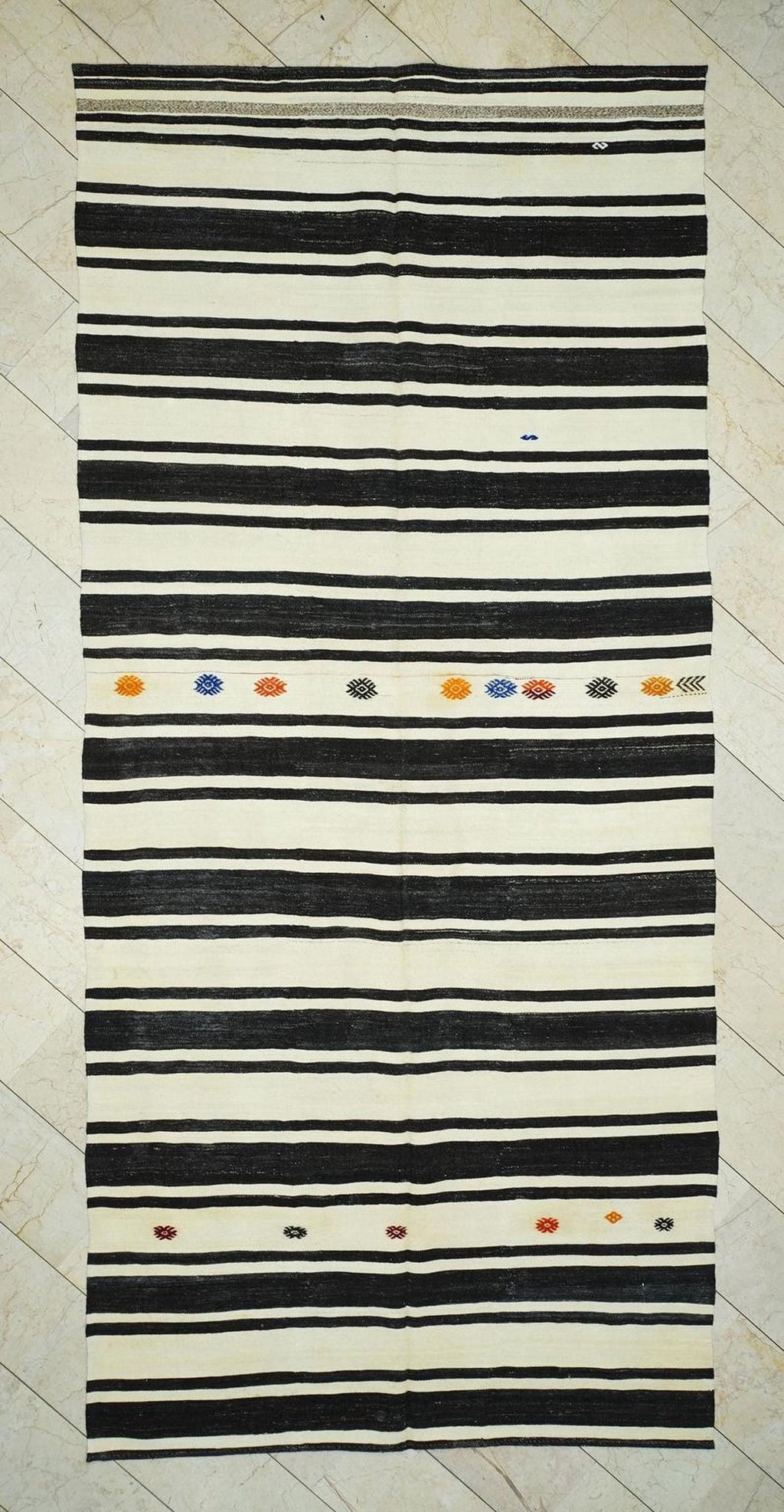 Mid Century Modern Kilim Rug: Dark Brown and Cream Stripe Turkish Rugs, 6x13,3 Feet.