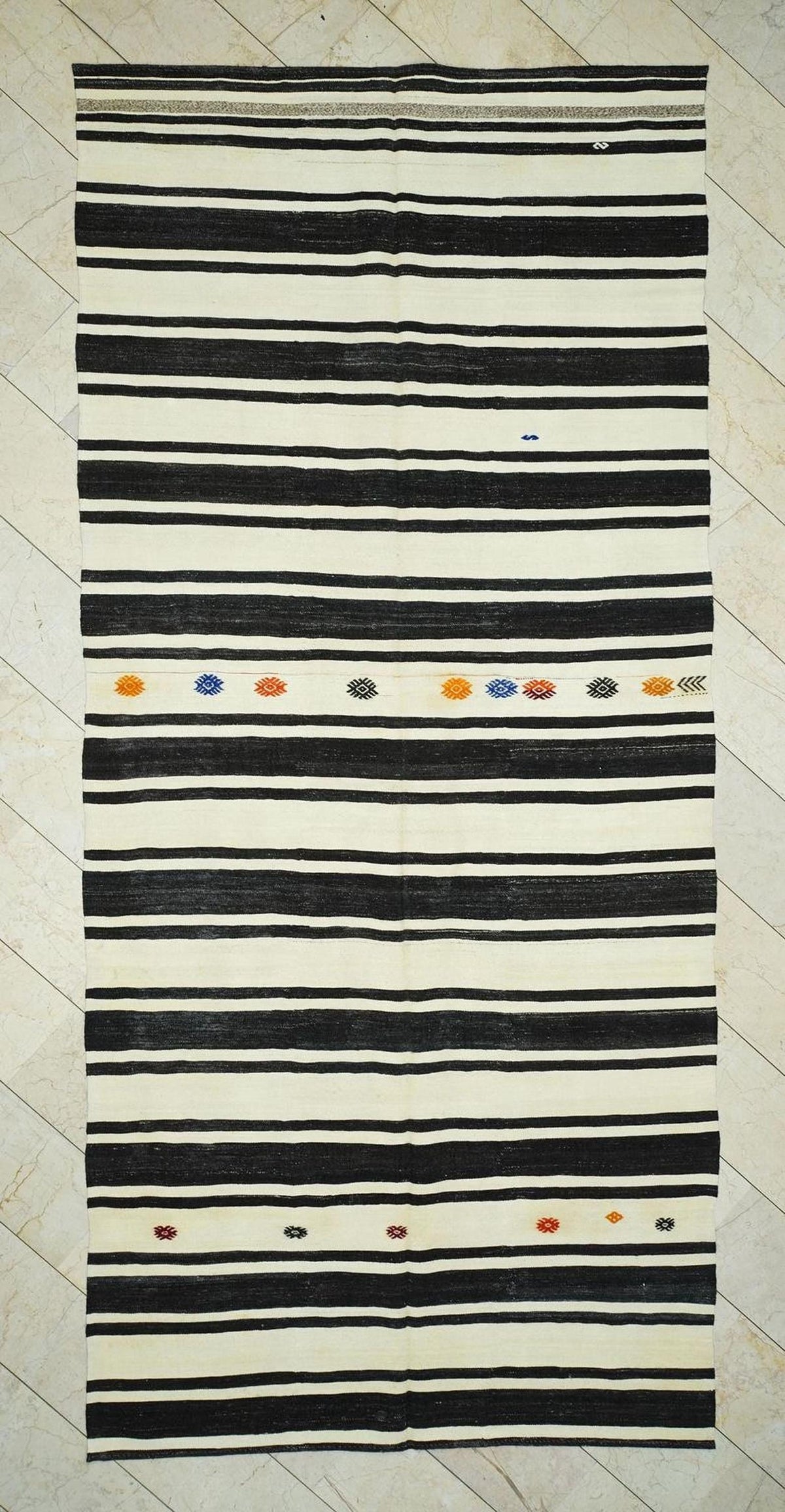 Mid Century Modern Kilim Rug: Dark Brown and Cream Stripe Turkish Rugs, 6x13,3 Feet.